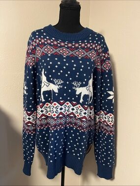 Tipsy Elves "Naughty" Navy, White & Red Fair Isle Reindeer Crewneck Sweater-XL